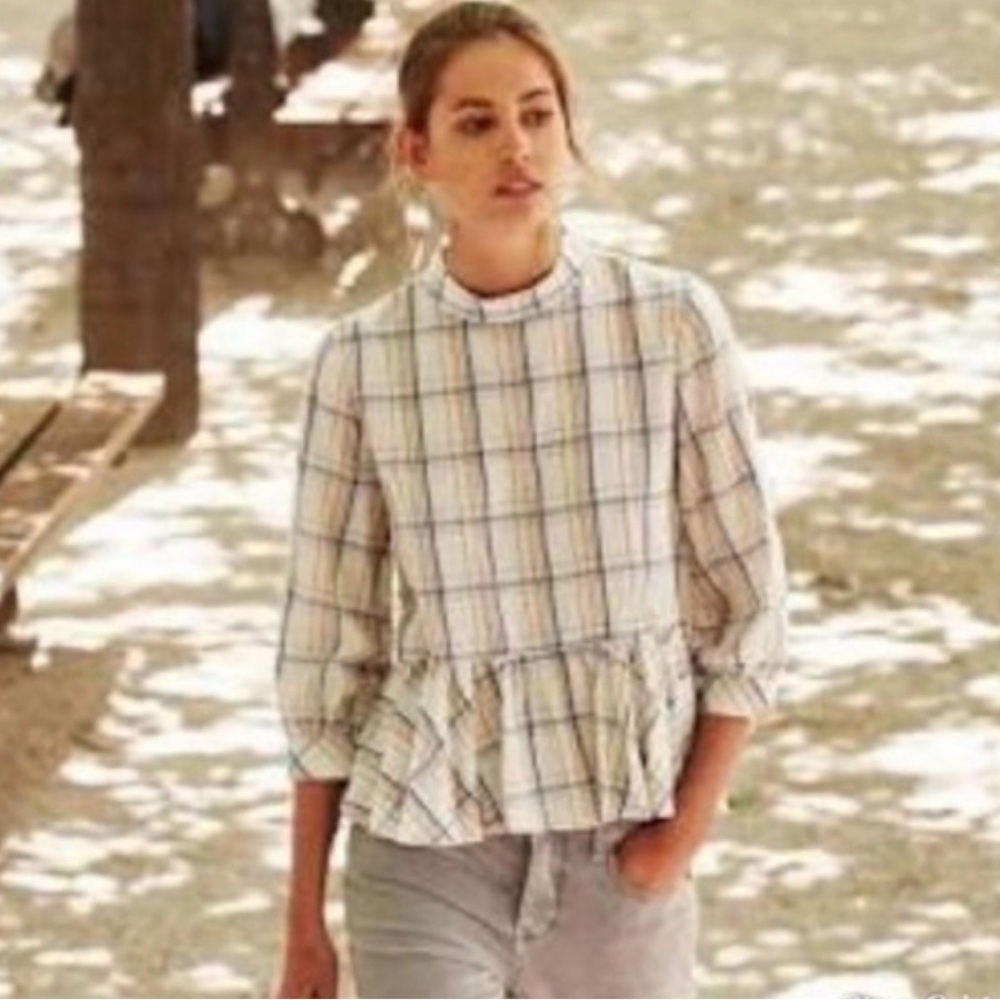 Anthropologie Maeve Plaid Peplum Ruffle Hem Top White Sz 6 preppy sku 520 - Picture 6 of 7